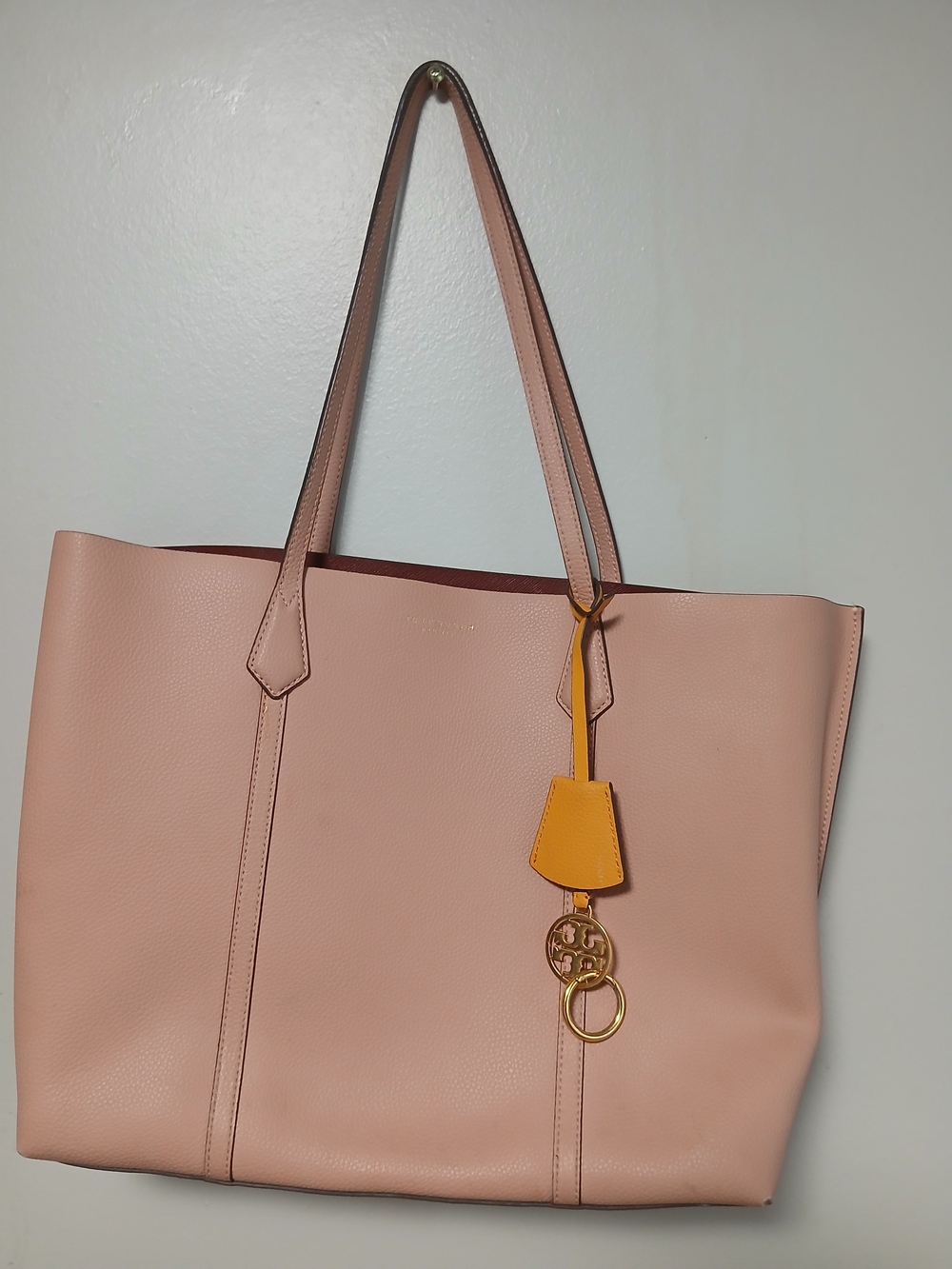 Tory Burch Blush Pink Leather Tote with Gold Charm and Yellow Tag